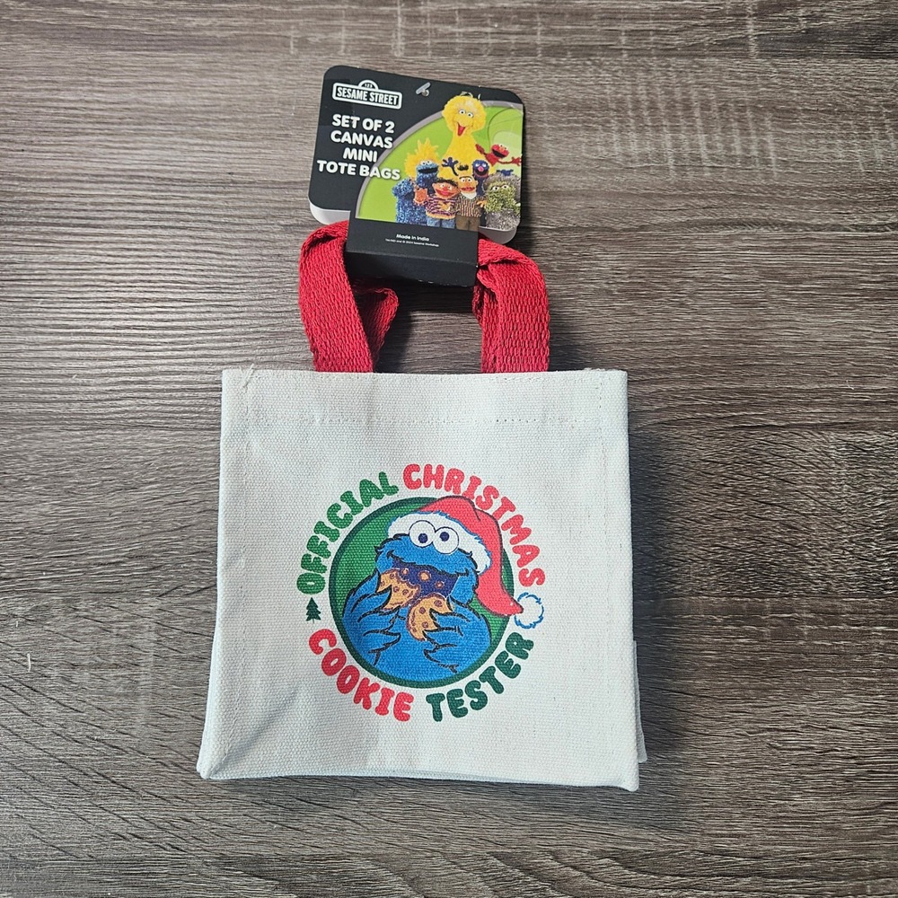 Sesame Street Cookie Monster Christmas Mini Tote Bags Set of 2 Canvas Holiday